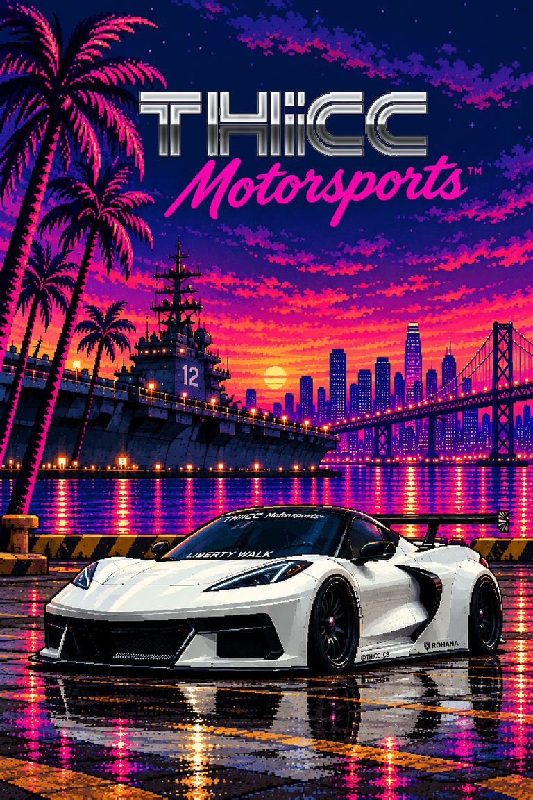 THiCC Motorsports&trade; pixel-art poster: white Liberty Walk C8 in front of the Bay Bridge and San Francisco skyline at neon sunset